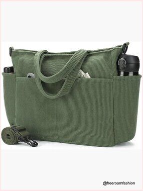 Large Corduroy Tote Bag with Zipper Pockets, Adjustable Crossbody Strap